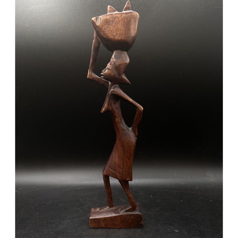 Wood African Woman Carrying Basket Folk Art Figurine Wood Carving Vintage